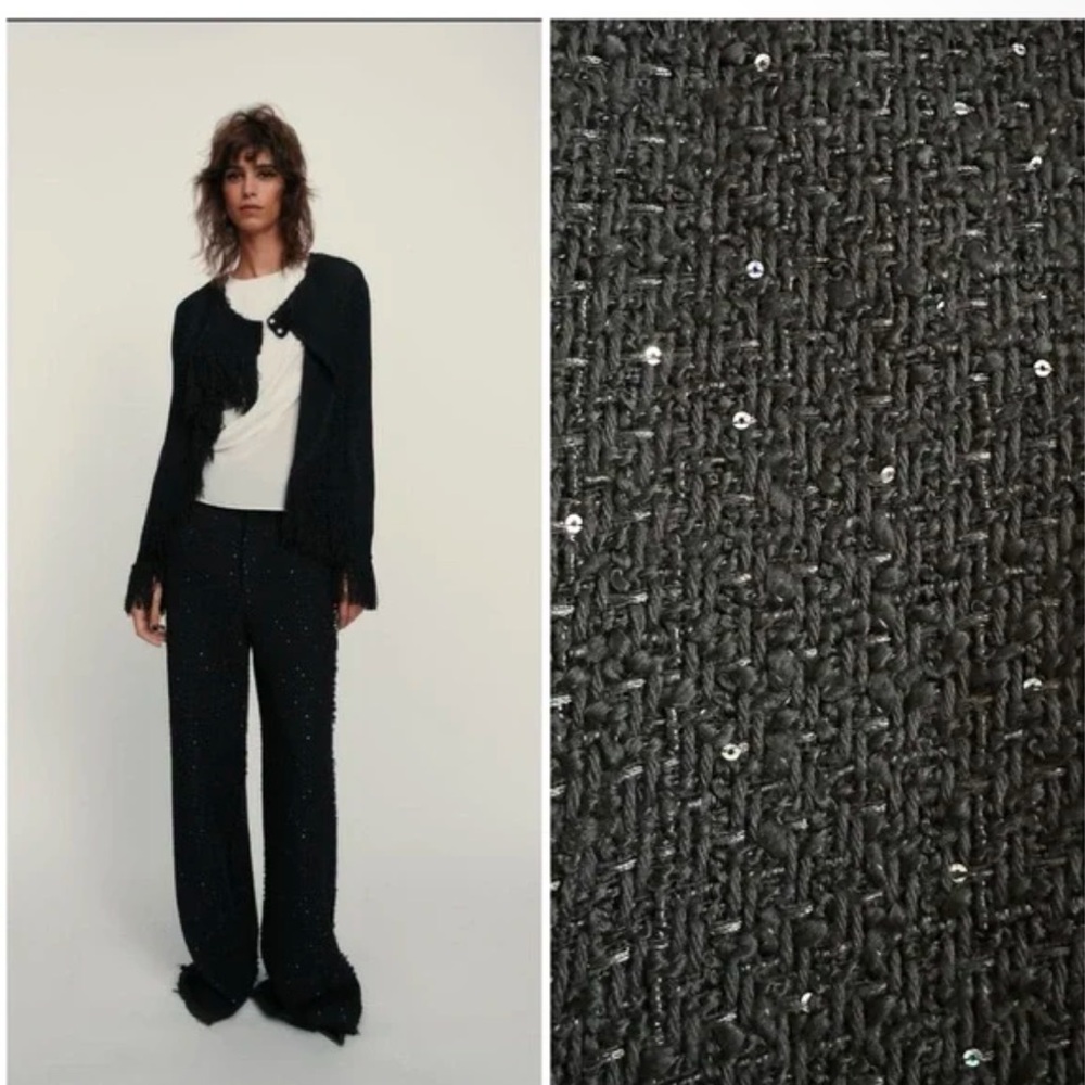 Zara studio textured fringe chiffon trim wide leg sparkly black pants sz.XS